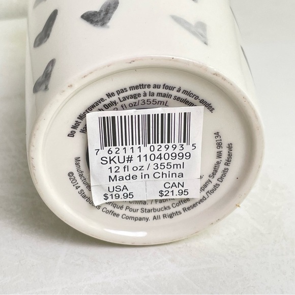 STARBUCKS Vintage 2014 Black Hearts White Ceramic Tumbler Gold Rim Collectible - Picture 3 of 8